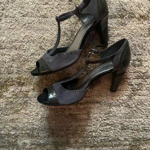 Franco Sarto Gray T-Strap Peep-Toe Block Heels